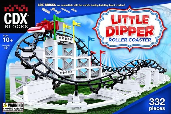 The Little Dipper Coaster Kit by CDX, featuring a colorful roller coaster design with tracks, a coaster car, and sturdy building blocks. This DIY kit consists of 332 pieces and is suitable for ages 10 and up. The completed model measures 19 inches in length, perfect for creative play and engineering exploration.