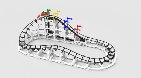 A colorful DIY roller coaster kit featuring tracks, a white base structure, and flags in red, green, yellow, and blue. Ideal for hands-on fun and creativity.