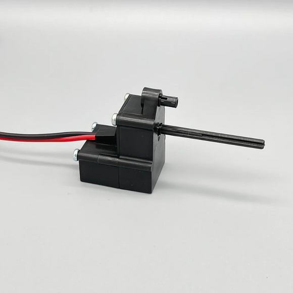 The Motor Kit for Roller Coasters by CDX features a compact black motor with wires extending from one side. The design includes a cylindrical output shaft and mounting brackets for easy installation in DIY roller coaster models. Ideal for enhancing your roller coaster projects with powerful motorization.