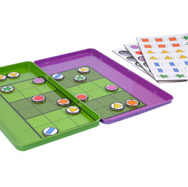Magnetic Sudoku Shapes game by Purple Cow featuring two green and purple magnetic trays filled with colorful shape pieces. Includes multiple game boards with various shapes and colors for an engaging brain challenge.