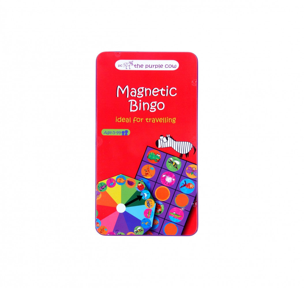 Magnetic Road Trip Bingo game by Purple Cow, featuring a colorful design with various animal graphics, perfect for family travel fun. Comes in a portable tin, ideal for ages 5 to 99.