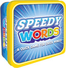 Speedy Words game by FoxMind Canada displayed in a vibrant tin container, featuring bold colorful graphics and the tagline 'A quick game for quick minds'. Ideal for quick-thinking fun with friends and family.