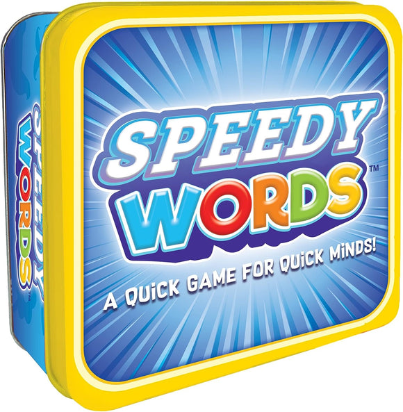 Speedy Words game by FoxMind Canada displayed in a vibrant tin container, featuring bold colorful graphics and the tagline 'A quick game for quick minds'. Ideal for quick-thinking fun with friends and family.