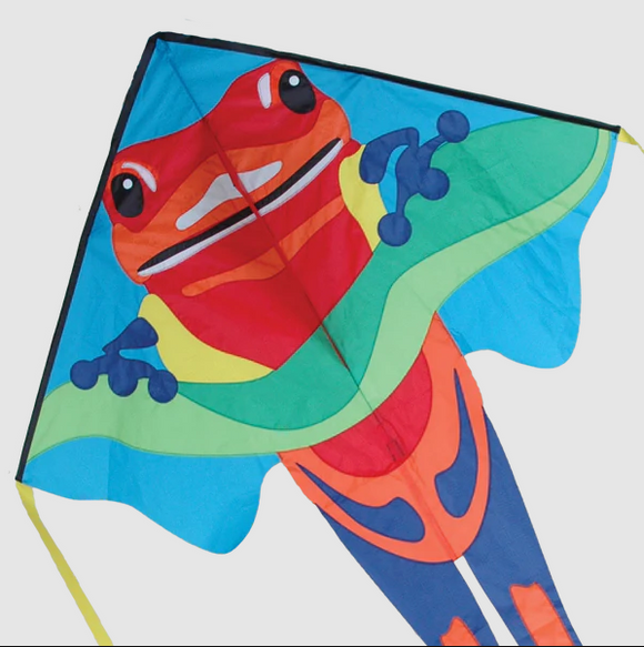 Colorful Easy Flyer Poison Dart Frog Kite featuring a large, vibrant red and yellow frog design with blue accents. The kite has a triangular shape and a bright blue background.
