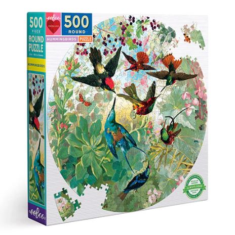 Eeboo's Hummingbirds jigsaw puzzle, featuring a vibrant round design with various species of hummingbirds surrounded by colorful flowers and greenery. The puzzle contains 500 pieces, beautifully illustrated with intricate details that bring the joyful scene to life. Perfect for nature lovers and puzzle enthusiasts.