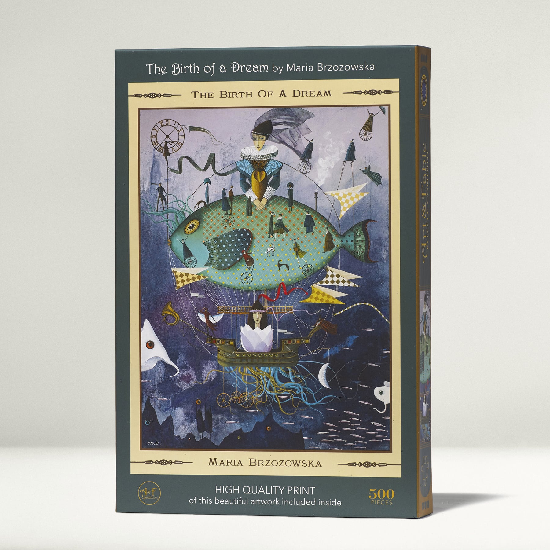 A beautifully illustrated jigsaw puzzle titled 'The Birth of a Dream' by Maria Brzozowska. The box features whimsical imagery including a floating fish adorned with various characters and elements, signifying a dreamy adventure. It contains 500 pieces and is crafted for art lovers and puzzle enthusiasts alike.