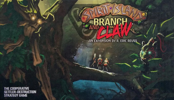 The game box for Spirit Island: Branch and Claw Expansion by Greater Than Games, showcasing vibrant artwork of a mystical jungle scene with characters, trees, and creatures. The title is prominently displayed at the top with a subtitle at the bottom indicating it’s a cooperative settler-destruction strategy game.