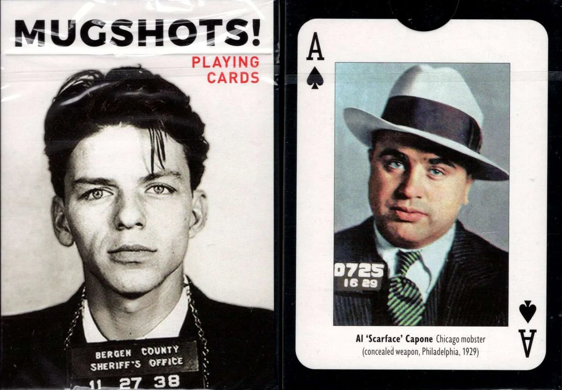 Single deck of Mugshots playing cards featuring mugshot images on the front. One side displays a historical mugshot of a young man, while the other side showcases the Ace of Spades card with Al Capone's mugshot and details about him. The packaging highlights the fun and quirky theme of the deck.