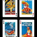 A colorful single deck of playing cards featuring vintage beach-themed illustrations. The cards display images of tropical paradise, surfers, and sunbathers, depicting popular beach destinations like Hawaii and California. The vibrant graphics evoke a sense of summer fun and nostalgia.
