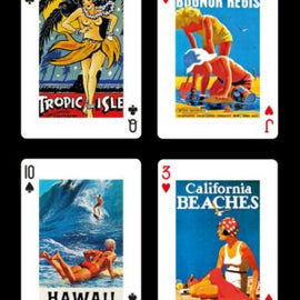 A colorful single deck of playing cards featuring vintage beach-themed illustrations. The cards display images of tropical paradise, surfers, and sunbathers, depicting popular beach destinations like Hawaii and California. The vibrant graphics evoke a sense of summer fun and nostalgia.