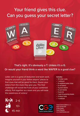 Letter Jam game by Czech Games Editions features colorful tokens and wooden letter cards displayed on a vibrant red background. The game encourages deduction and teamwork as players guess secret letters based on clues given by others, promoting interactive fun for 2-6 players aged 10 and up. Includes game components like letter cards, wildcards, tokens, and a rulebook.