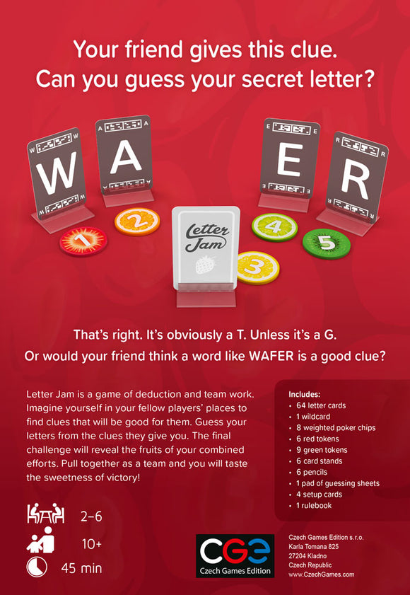 Letter Jam game by Czech Games Editions features colorful tokens and wooden letter cards displayed on a vibrant red background. The game encourages deduction and teamwork as players guess secret letters based on clues given by others, promoting interactive fun for 2-6 players aged 10 and up. Includes game components like letter cards, wildcards, tokens, and a rulebook.