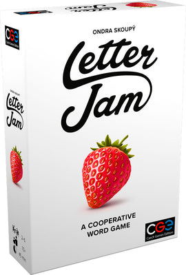 Letter Jam board game by Czech Games Editions, featuring a vibrant box design with a strawberry on the front and text highlighting it as a cooperative word game. The box is aimed at 2-6 players, with a playtime of approximately 45 minutes.