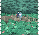 Beautiful jigsaw puzzle depicting two figures in traditional Japanese attire standing on a wooden bridge surrounded by lush green lotus leaves and pink lotus flowers in a serene pond setting, created by Artifact Wooden Puzzles.
