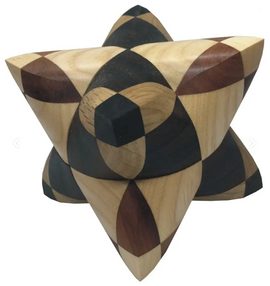 The Dual Tetrahedron 03 by VINCO is a beautifully crafted mechanical puzzle displaying an intricate design. It features a unique star shape with alternating black, brown, and natural wood colors, showcasing smooth, polished surfaces. This puzzle is perfect for enhancing cognitive skills and serves as an eye-catching decorative piece.