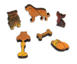 A colorful collection of wooden jigsaw puzzle pieces featuring various animal shapes, including a dog, a cat, and a bone, arranged artfully. Each piece showcases intricate designs and vibrant colors, ideal for puzzle enthusiasts and animal lovers.