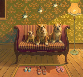 A charming jigsaw puzzle titled 'Creature Comforts' featuring three dogs—two bulldogs and one small dog—sitting on a striped couch. The background showcases a vintage wallpaper pattern and birds flying above. A cozy lamp and slippers on a rug add warmth to the scene.