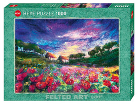 A colorful jigsaw puzzle box featuring the artwork 'Sundown Poppies' by Heye. The image depicts a vibrant landscape filled with red poppies, lush green trees, and a moody sky filled with hues of purple, blue, and orange. The box showcases the felted art style and contains 1000 pieces, promising hours of enjoyable puzzle-solving.