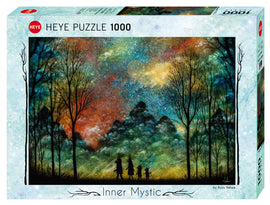 Wondrous Journey jigsaw puzzle box designed by Andy Kehoe. The box features a beautiful mystical nighttime landscape with silhouettes of trees and figures under a colorful starry sky. The puzzle has 1000 pieces, perfect for challenging enthusiasts.