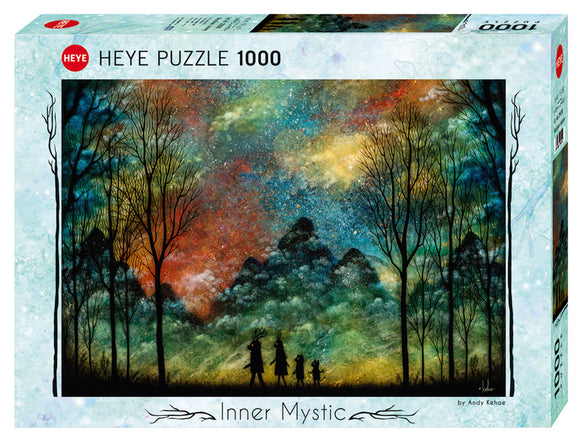 Wondrous Journey jigsaw puzzle box designed by Andy Kehoe. The box features a beautiful mystical nighttime landscape with silhouettes of trees and figures under a colorful starry sky. The puzzle has 1000 pieces, perfect for challenging enthusiasts.