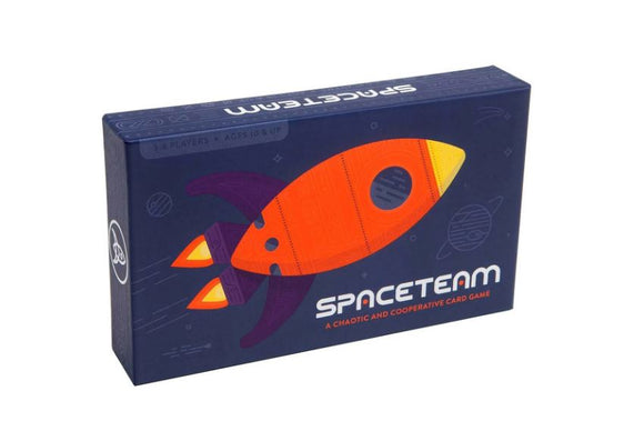 Spaceteam card game box by Stellar Factory featuring a colorful rocket design against a dark background. The box displays text including 'A chaotic and cooperative card game' and is suitable for 3-6 players aged 10 and up.
