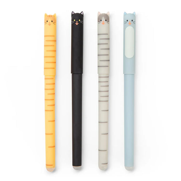 Four cat-themed pens: orange tabby, black, grey tabby, and blue