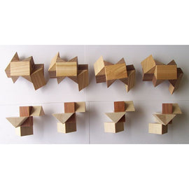 A collection of wooden mechanical puzzles titled 'Cross in Ball' by VINCO. The set features various geometric shapes made from different types of polished wood arranged in two rows. Each puzzle is uniquely designed, showcasing intricate interlocking pieces for a challenging and engaging experience.