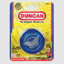 A packaged Duncan Butterfly yo-yo featuring a blue body with a butterfly design. The packaging showcases the slogan 'The Original. World's #1.' and includes safety warnings. Ideal for ages 6 and up.