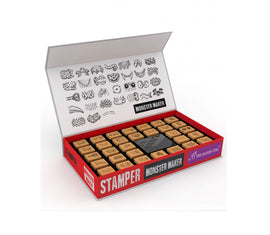 The Monster Maker set by Purple Cow features a colorful box opened to reveal various rubber stamps. Each stamp displays unique monster designs, including faces, bodies, and accessories for imaginative creations. This engaging DIY kit encourages creativity and playfulness, perfect for kids and adults alike.