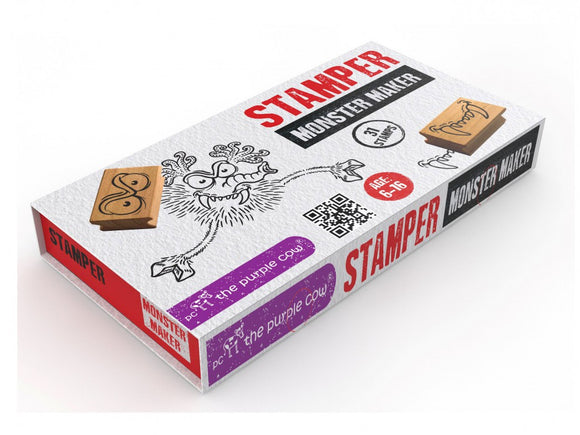 Monster Maker by Purple Cow is a creative stamper kit designed for kids aged 6-16. It features a variety of artistic stamps, encouraging imaginative play and creativity. The packaging displays playful monster designs and clearly labels the content as a stamper set with a total of 31 stamps.