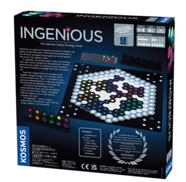 Ingenious by Thames & Kosmos, a strategic family game featuring a colorful hexagonal board and various game pieces. The box back showcases gameplay instructions and contents, suitable for 1-4 players aged 8 and up.