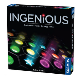 The Ingenious game by Thames & Kosmos features a colorful, glowing box with the title prominently displayed. It highlights its status as the ultimate family strategy game, designed for engaging gameplay that challenges your strategic thinking skills. The box includes vibrant symbols and a sleek design, attracting players of all ages for hours of fun.