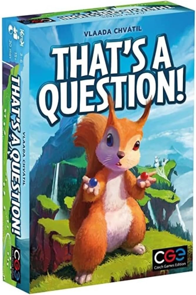 That's a Question game by Czech Games displayed in its colorful box featuring a cartoon squirrel holding two colorful game pieces against a vibrant fantasy landscape. The box includes titles and artwork indicating it's an engaging group game for 3-6 players with a playtime of approximately 30 minutes.