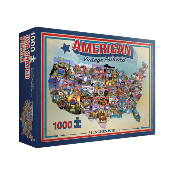 The American Vintage Postcard jigsaw puzzle by TDC Games Inc features a colorful, USA-shaped design made up of iconic vintage postcards from various states. The puzzle has 1000 pieces and measures 31 inches wide, showcasing an array of vibrant symbols and imagery for each state.