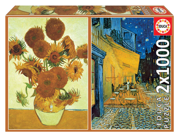 Educa jigsaw puzzle featuring two masterpieces by Van Gogh: a vibrant bouquet of sunflowers in a vase and a lively night scene depicting a cafe terrace. Perfect for art lovers and puzzle enthusiasts, this 2x1000 piece set offers an engaging challenge.