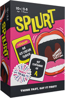 The Splurt Port-a-Party game by Gamewright features a vibrant box design with bold lettering and colorful graphics. The packaging includes playful elements like a large mouth graphic and card illustrations, encouraging fast-paced fun with friends. Ideal for ages 10 and up, it accommodates 2 to 8 players, making it perfect for gatherings and parties.