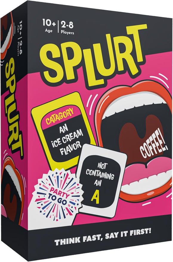 The Splurt Port-a-Party game by Gamewright features a vibrant box design with bold lettering and colorful graphics. The packaging includes playful elements like a large mouth graphic and card illustrations, encouraging fast-paced fun with friends. Ideal for ages 10 and up, it accommodates 2 to 8 players, making it perfect for gatherings and parties.