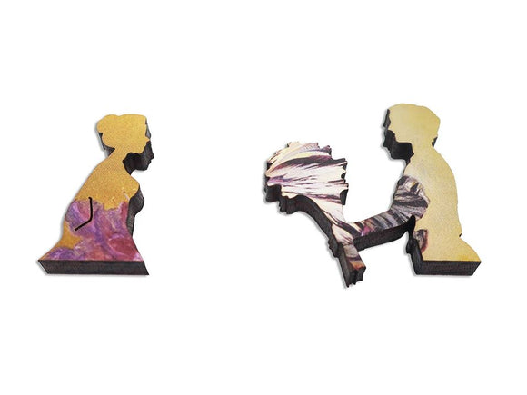 Van Os Flowers jigsaw puzzle pieces by Artifact Wooden Puzzles, showcasing intricate designs of a woman and a man holding flowers. The pieces are made from high-quality wood and feature vibrant colors and artistic illustrations, perfect for puzzle enthusiasts.