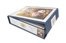 Artifact Wooden Puzzles Van Os Flowers jigsaw puzzle box, featuring a vibrant floral illustration on the top and detailed product information on the sides. The box is navy blue with a pull-out drawer showcasing 126 interlocking pieces, designed for ages 8 and up.
