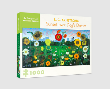 A colorful jigsaw puzzle box titled 'Sunset over Dog's Dream' by L.C. Armstrong, featuring vibrant sunflowers and playful dogs in a scenic garden. The box displays an inviting sunrise sky with lush greenery, perfect for puzzle enthusiasts to enjoy a creative challenge.