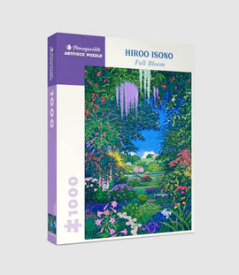 Pomegranate jigsaw puzzle titled 'Full Bloom' by Hiroo Isono. The packaging features a vibrant floral scene with lush greenery, colorful flowers, and a beautiful blue sky, designed for puzzle enthusiasts.