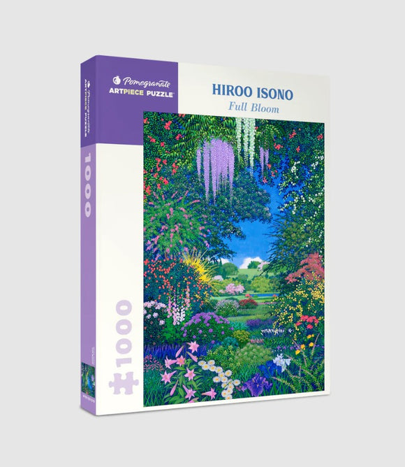 Pomegranate jigsaw puzzle titled 'Full Bloom' by Hiroo Isono. The packaging features a vibrant floral scene with lush greenery, colorful flowers, and a beautiful blue sky, designed for puzzle enthusiasts.