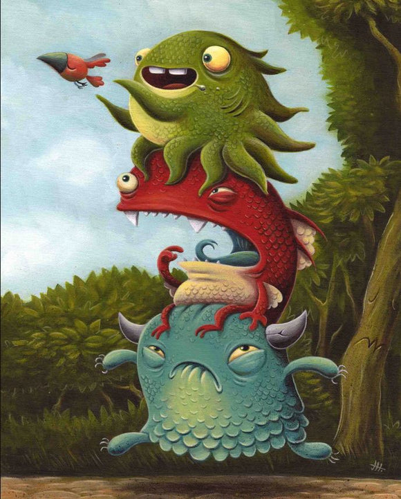 A whimsical jigsaw puzzle titled 'Pursuit of Happiness' by Artifact Wooden Puzzles. The artwork features three colorful cartoon creatures stacked atop one another in a playful pose, surrounded by a vibrant green forest backdrop, evoking a sense of joy and imagination.