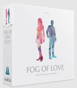 Fog of Love game by Hush Hush Projects USA features a visually striking box design with silhouettes of a man and woman in colorful watercolor style. The title 'Fog of Love' is prominently displayed, emphasizing its theme of romantic comedy in a board game format.