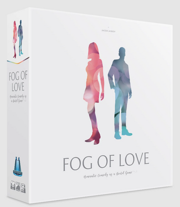 Fog of Love game by Hush Hush Projects USA features a visually striking box design with silhouettes of a man and woman in colorful watercolor style. The title 'Fog of Love' is prominently displayed, emphasizing its theme of romantic comedy in a board game format.