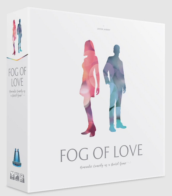 Fog of Love game by Hush Hush Projects USA features a visually striking box design with silhouettes of a man and woman in colorful watercolor style. The title 'Fog of Love' is prominently displayed, emphasizing its theme of romantic comedy in a board game format.