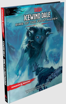 Cover of the D&D: Icewind Dale, Rime of the Frostmaiden game book, featuring a mystical, snowy landscape with a spectral figure and eerie atmosphere, designed for immersive tabletop roleplaying experiences.