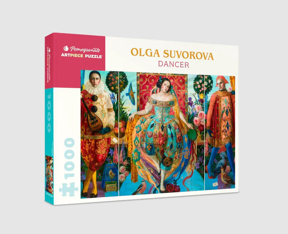 The Dancer jigsaw puzzle by Olga Suvorova features a vibrant artwork with figures in colorful attire against a backdrop of lush flowers and decorative elements. This 1000-piece puzzle from Pomegranate showcases the beauty of dance and artistry, inviting puzzlers to immerse themselves in the culture and vivid imagery.