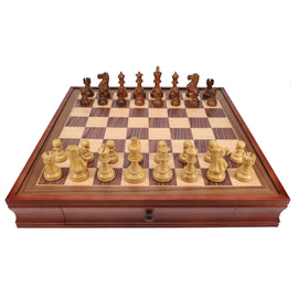 Grand English Style Chess Set featuring intricately designed wooden pieces in light and dark finishes, elegantly arranged on a checkered board with storage drawers for easy access and organization. Perfect for strategy lovers and collectors.
