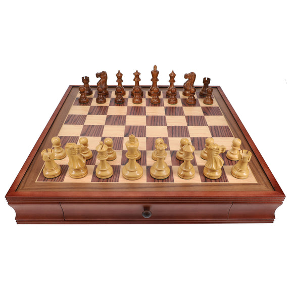 Grand English Style Chess Set featuring intricately designed wooden pieces in light and dark finishes, elegantly arranged on a checkered board with storage drawers for easy access and organization. Perfect for strategy lovers and collectors.